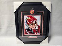 Front view of framed Ed Belfour print showing signature and helmet artwork