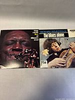 Photo showing front covers of King Curtis Live at Fillmore West and John Mayall The Blues Alone vinyl records side by side.