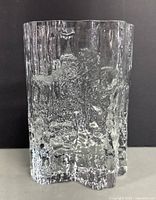 Front view of clear textured glass vase with organic bark-like texture, irregular scalloped edge.