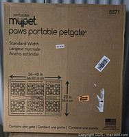 Box showing MYPET North States Paws Portable Pet Gate details, standard width 26-40 inch, height 23 inch, made in USA.