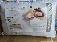 Pillow in original packaging with label showing product features and product name Milano Collection.