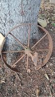 Full view of antique rusted metal wheel leaning against tree in outdoor setting on ground with pine needles and leaves.
