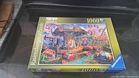 Photo of the Ravensburger 1000-piece puzzle box titled 'Abandoned', showing the colorful amusement park carousel scene on the front of the box.