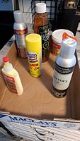 Photo showing a collection of household sprays and liquids including leather guard, lamp oil, wood fillers, and glue.