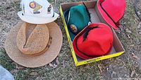 Five hats on grass and in a box outdoor; includes straw hat, green, red, and white Oktoberfest hats.