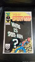 Front cover photo showing full comic book cover art with the title 'Web of Spider-Man' and question 'Where is Spider-Man?'.