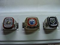 Front view of all three rings: Anaheim Ducks, 1984 Edmonton Oilers, 2012 LA Kings