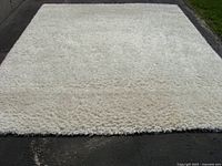 Full view of the white shaggy area rug laid flat on a black surface, showing its size and overall color.