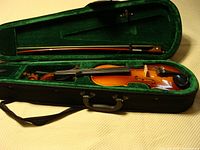 Photo showing the violin and bow inside the green velvet-lined black hard case, with carrying handle.