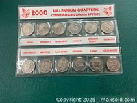 Front view of two plastic sleeves holding 10 Canadian Millennium Quarters each from the year 2000, featuring commemorative themes and designs.