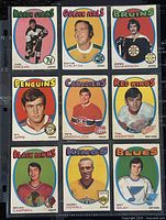 Nine 1971-72 O-Pee-Chee hockey player trading cards showing front side. Players and teams are clearly visible with colorful team border backgrounds.