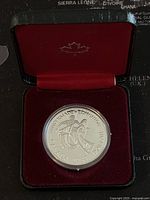 Front view of the coin inside its black presentation case with red velvet lining and silver maple leaf emblem.