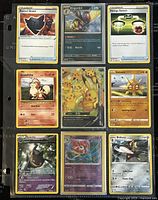 Photo showing 8 assorted Pokémon cards including Rusted Shield, Kingambit, Energy Switch, Growlithe, Solrock, Banette, Floette, and Bisharp.
