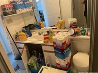 Bathroom vanity and countertop with laundry detergents, multiple packs of Cashmere toilet paper, and bathroom sink area