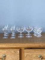 All 16 crystal glasses grouped in one photo showing both champagne coupes sets and short glasses