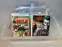 Photo showing vintage comics in a plastic bin including The Incredible Hulk and The Maxx titles in protective sleeves.