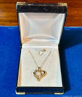 Pendant and chain displayed in its presentation box on blue background