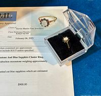 Ring in plastic display case sitting on appraisal document showing appraisal details and ring presentation.