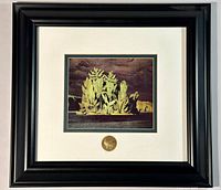 Full view of framed and matted Alfred Joseph Casson print with medallion below the art under glass, black frame.