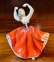 Front and side view showing the full skirt, arm position and detailed facial features of the Royal Doulton Karen figurine.