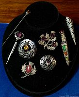 Display of all jewelry items on black velvet including several thistle brooches, posy holder, dirk kilt brooch, and hat pin