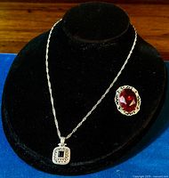 Photo showing the sterling silver pendant on chain alongside the large imitation ruby brooch displayed on black velvet stand.