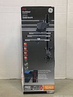 Front of the box showing GE Pro Outdoor Antenna with multiple antenna rods and mounting bracket, mentions 70 mile range and 4K compatibility