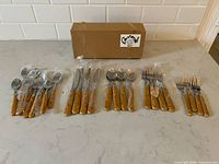 Full set of cutlery utensils with faux wood handles, arranged in groups on a countertop with original box.