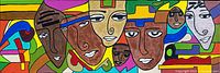 Close-up view of the colorful abstract faces and geometric shapes on the stretched canvas painting.