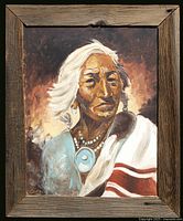 Close-up front view of the painting and barn wood frame showing the detailed portrait and wood texture.
