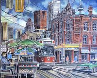 Close-up of colored print showing Toronto streetcar at Queen St. West and Spadina with brick building, pedestrians, vehicles, and city skyline background.