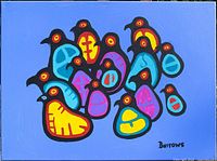 Close-up front view showing cluster of stylized birds in vivid colors and signature