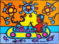 Front view of painting against orange background