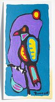Original bright-colored miniature raven painting by Karl Burrows on textured paper, signed, full vertical view