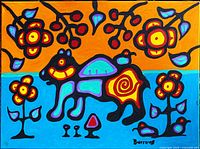 Close-up image of the colorful painting showing the stylized spirit bear with flora and fauna motifs.