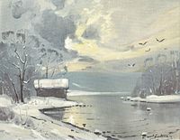 Close-up of the winter lakeshore scene painted on canvas showing snow-covered landscape, cabin, lake, and flying birds under a cloudy sky.