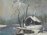 Close-up of painting showing winter hut scene by river with snow-covered trees and glowing light in window, signature visible bottom left.