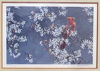 Close-up of print showing red cardinal on white blossoms, signature and edition number in lower margin
