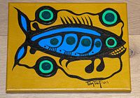 Front view of the original acrylic painting on canvas by Tim Tait depicting a fish in Woodland style with blue, green and black colors against yellow background, signed bottom right corner.