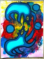 Vertical photo of the front view of the painting showing two turquoise spirit bears, multi-color abstract background, hand signature visible in lower right.