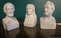 Three 19th century bisque heads of Rubens, Bunyan, and Goethe on dark green backdrop