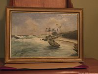 Full view of the framed oil painting showing the beach at Consett's Bay in Barbados dated 1950.