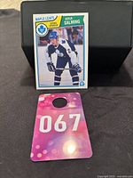 Photo showing 1983-84 O-Pee-Chee Borje Salming hockey card with player in Toronto Maple Leafs uniform, front view of card with clear image and text.