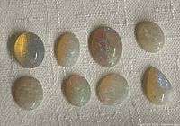 Eight natural faceted opal gemstones displayed on a flat surface showing variation in shape and color play.