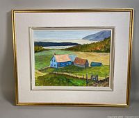 Full view of the framed oil painting showing blue farmhouse and landscape.