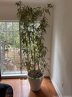 Full view of the artificial bamboo tree next to a window, showing height and leaf detail
