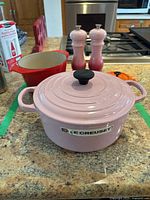 Front view showing large pink Dutch oven with lid on countertop, red oval dish and pink salt and pepper shakers in background