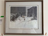 Full view of framed limited edition Robert Bateman print showing the sheep in a winter rural scene with snow and old wooden fences.