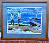 Frontal view of framed acrylic painting showing two figures facing ocean near lighthouse.