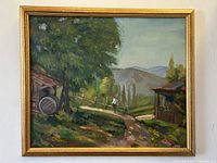 Full view of the framed landscape oil painting on board showing a rustic countryside scene with a person walking on a path.